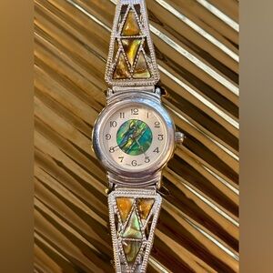 Vintage LA Express Silver Watch w/ Abalone Dial & Stretch Band